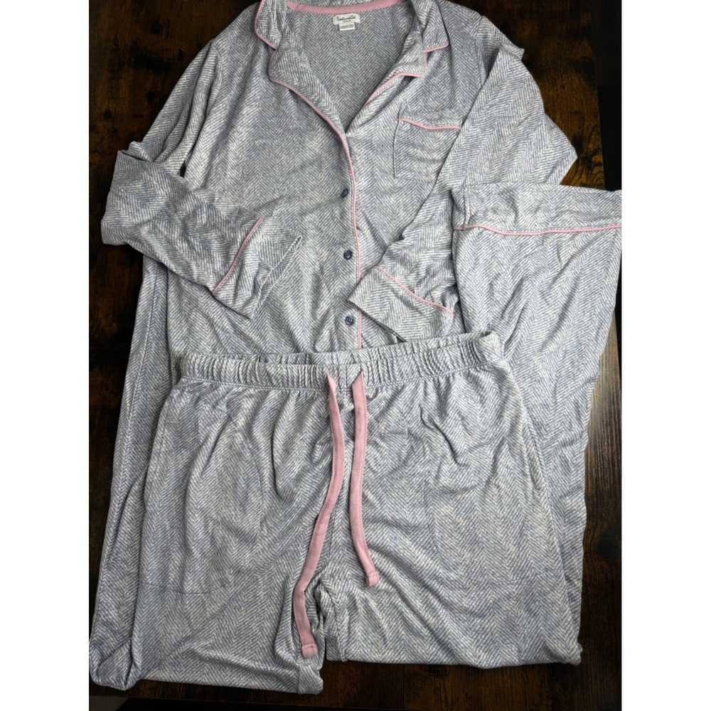 Splendid Womens Pajama Set Blue White Herringbone Knit Button Front Pink Trim M
